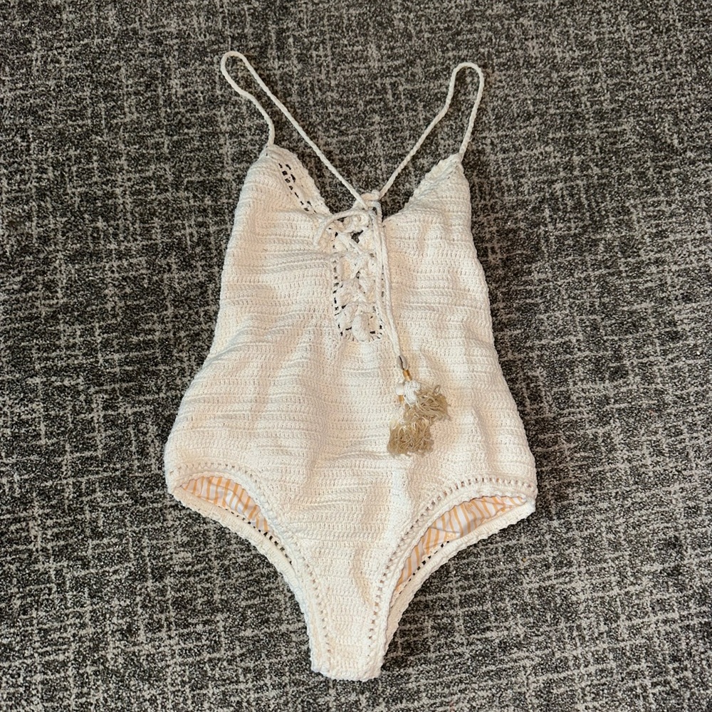 SHE MADE ME Crochet Lace-Up One Piece Swimsuit